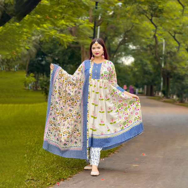 Pure Cotton Sada Bahar Three Piece (White Floral Color) PCSBTP-WFC-05