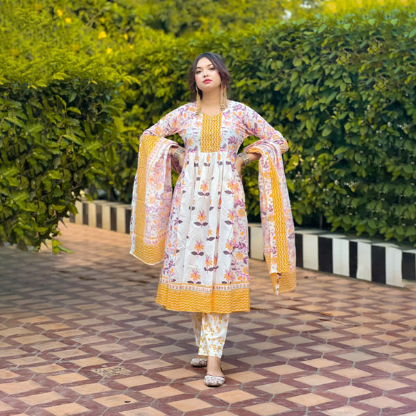 Premium Cotton Redimet Three Piece (Yellow Frolral Color) PCRTP-YFC-09