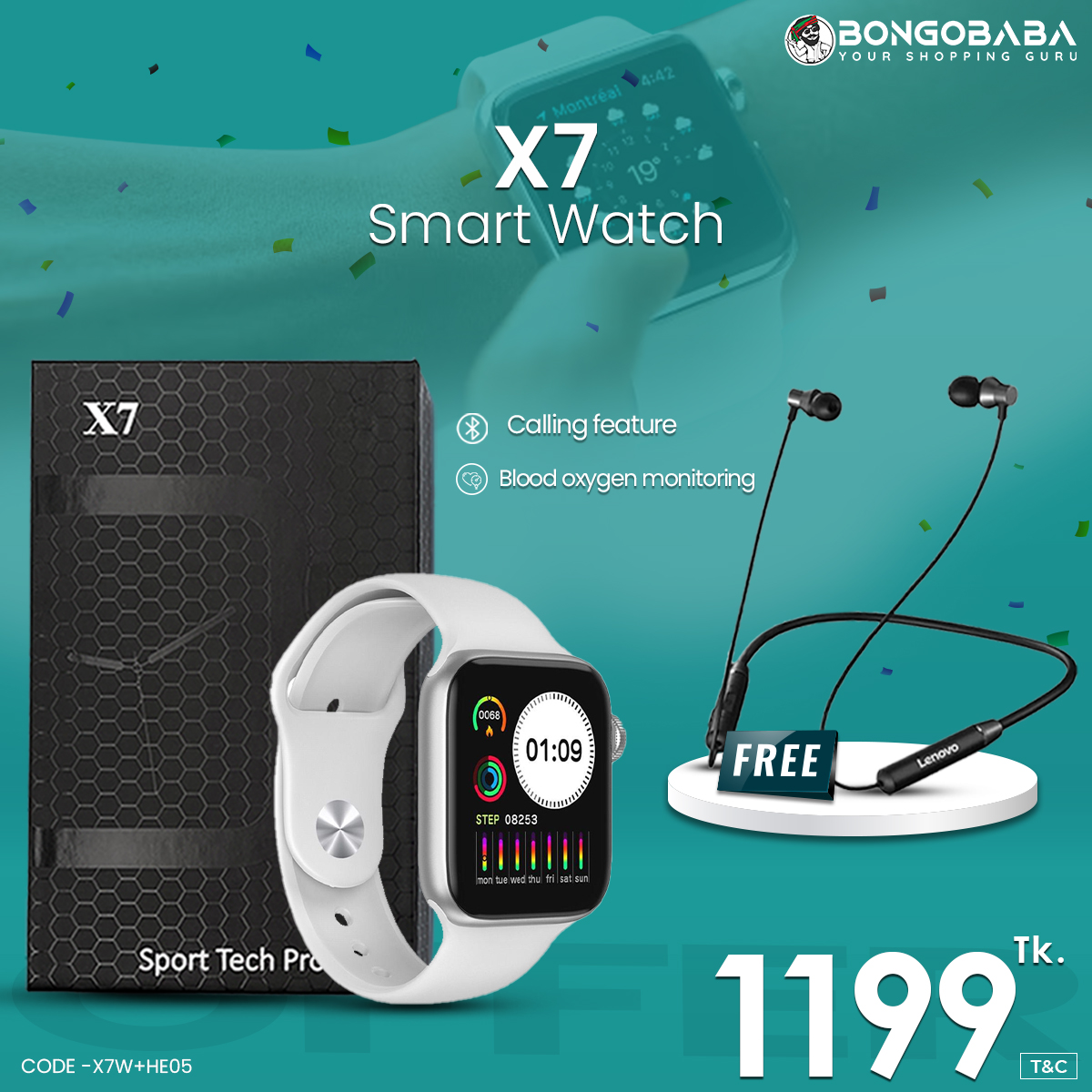 Smart Watch iwo X7 Series 5 + Lenovo HE05 Wireless In-Ear Neckband Earphones