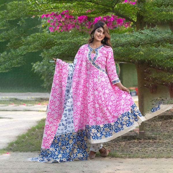Premium Cotton Three Piece (Pink and Blue print) PCTP-PBP