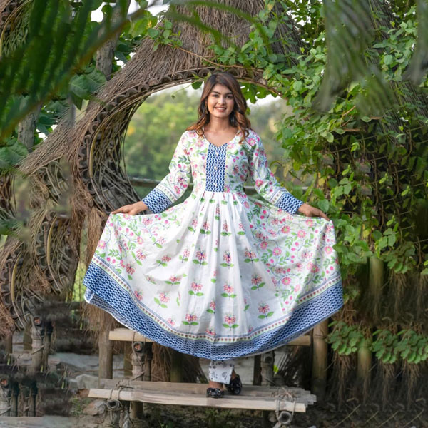 Pure Cotton Three Piece (White and Sky Print) PCTP-WSP