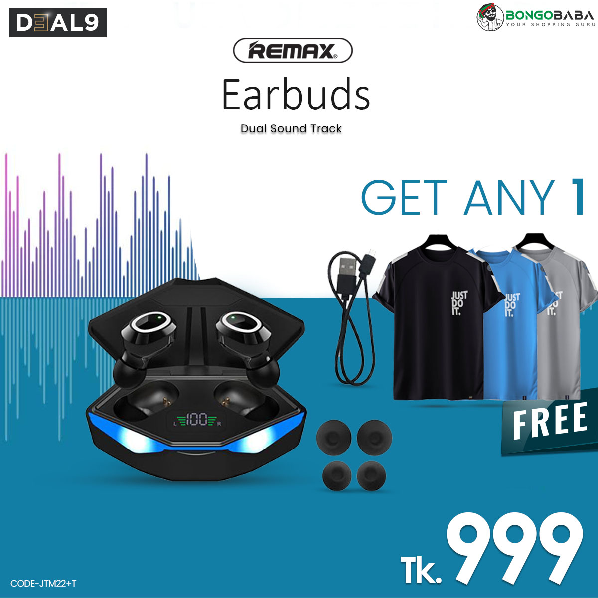 Remax Earbuds With Free  Premium Tshirt  JTM22+T