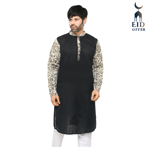 Special Cotton Panjabi for Men - Deep Black Print NZ-13506