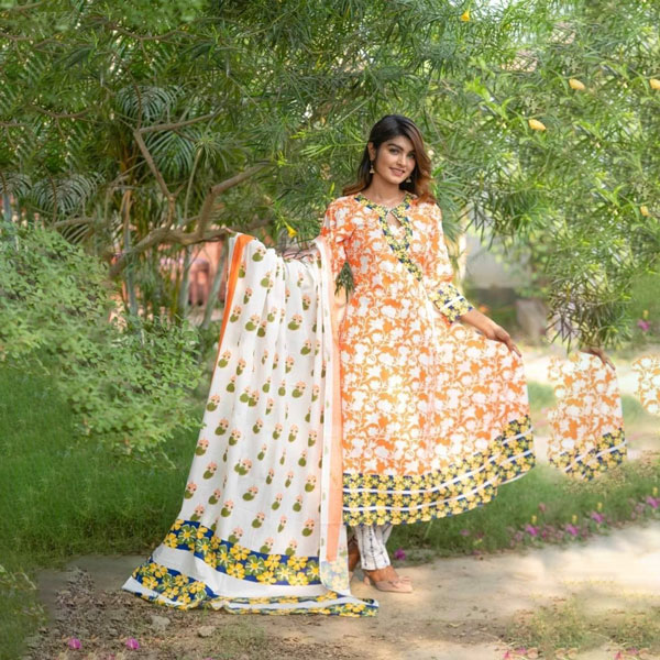 Premium Cotton Three Piece (White and orange print) PCTP-WOP