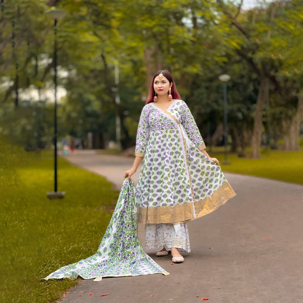 Angarakha Premium Cotton Three Piece (White and Light Gerren Print) APCTP-WLGP